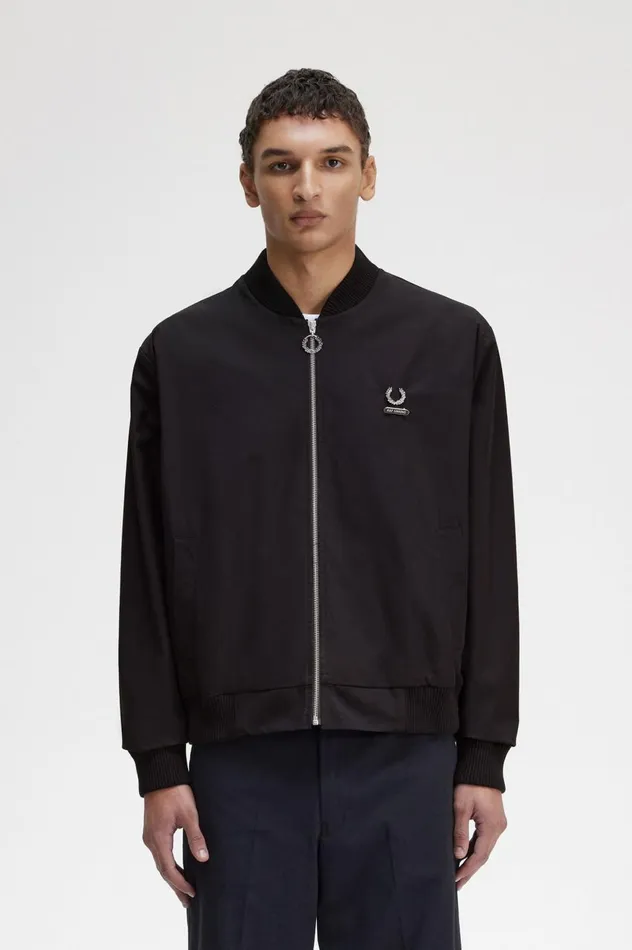 Men Raf SimonsPrinted Bomber Jacket Black Fred Perry Coats and Jackets