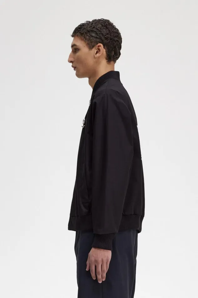 Men Raf SimonsPrinted Bomber Jacket Black Fred Perry Coats and Jackets
