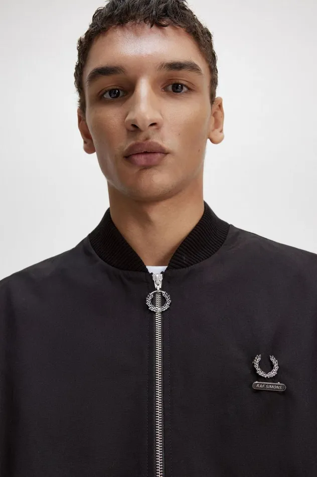 Men Raf SimonsPrinted Bomber Jacket Black Fred Perry Coats and Jackets