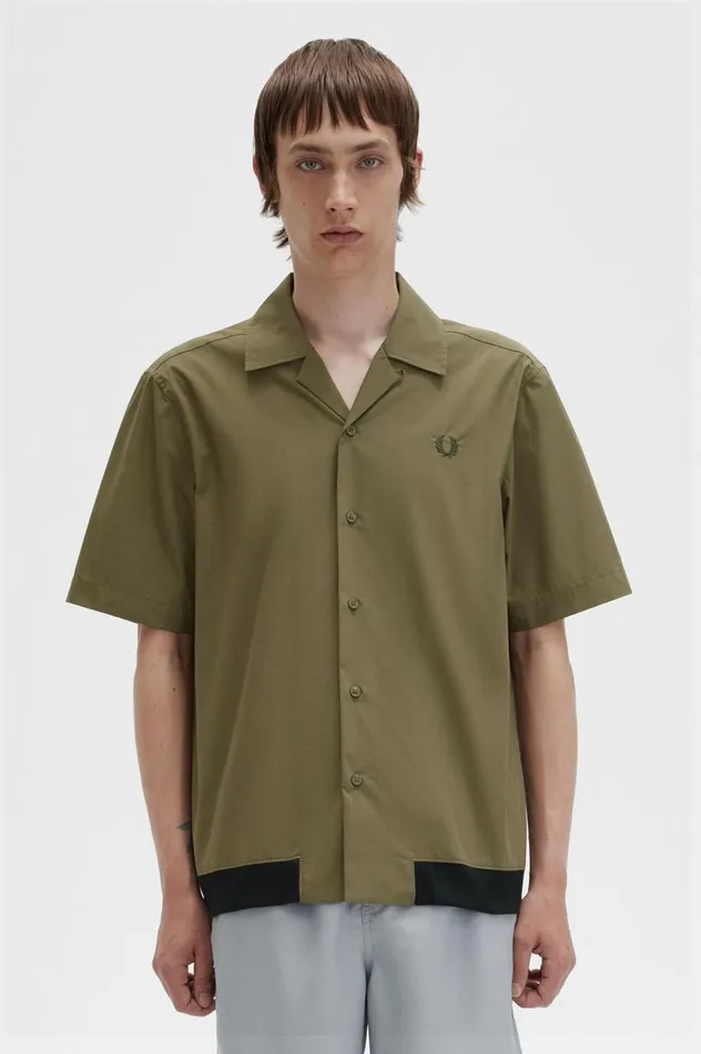 Men Ribbed Hem Revere Collar Shirt Uniform Green Fred Perry Shirts