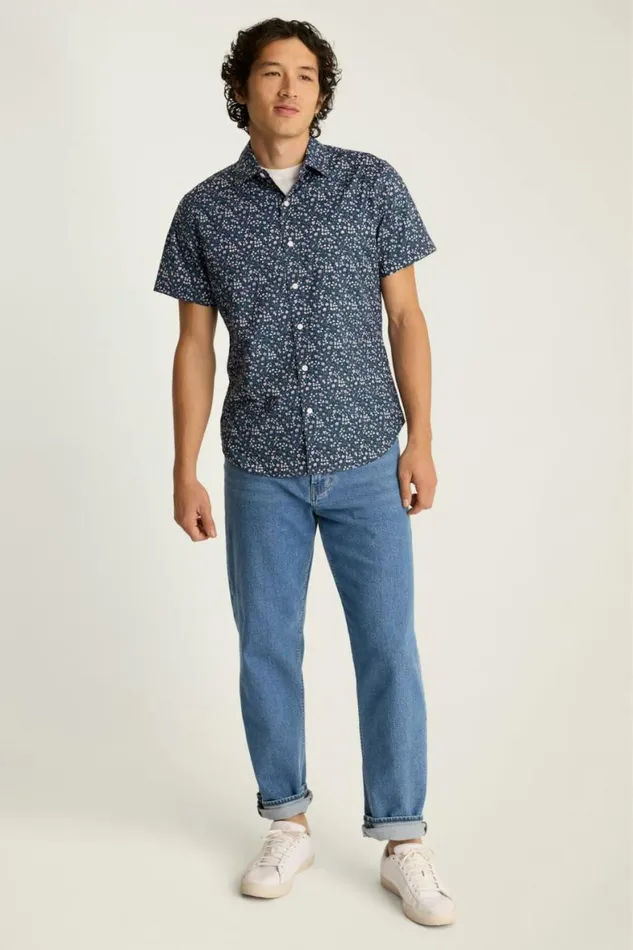 Men Riviera Short Sleeve Shirt Navy Odisha Floral Bonobos Casual Shirts
