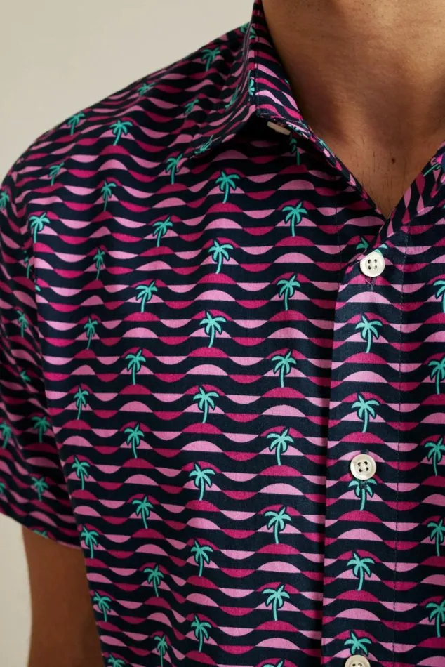 Men Riviera Short Sleeve Shirt Navy Pink Squiggly Palms Bonobos Short Sleeve Shirts