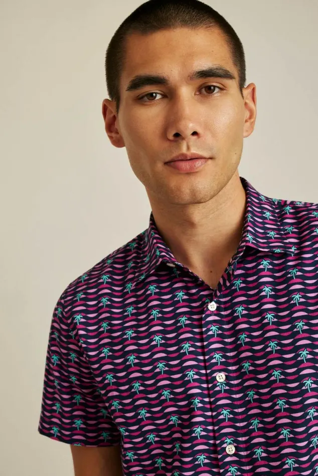 Men Riviera Short Sleeve Shirt Navy Pink Squiggly Palms Bonobos Short Sleeve Shirts