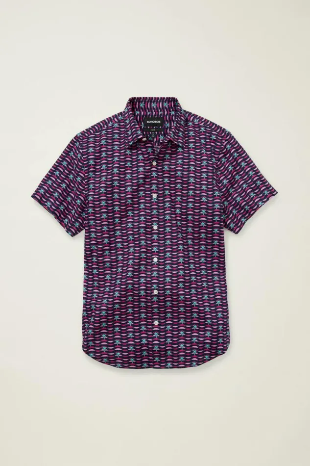 Men Riviera Short Sleeve Shirt Navy Pink Squiggly Palms Bonobos Short Sleeve Shirts