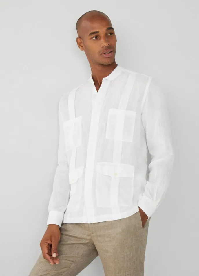 Men Shirts Hackett London Classic Fit Guayabera Shirt White