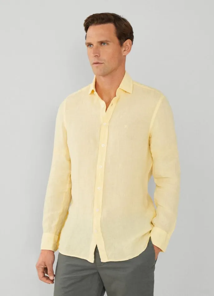 Men Shirts Hackett London Slim Fit Linen Shirt Yellow
