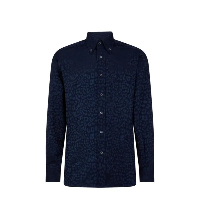 Men Shirts Tom Ford Leopard Jacquard Fluid Fit Shirt Ink Blue