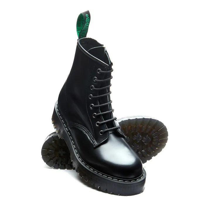 Men Solovair Platform Boots Black HiShine 8 Eye Zipped Platform Derby Boot