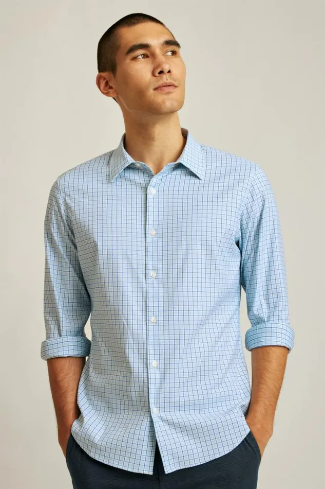 Men Tech Button Down Shirt Blue Smithtown Plaid Bonobos Business Casual Shirts