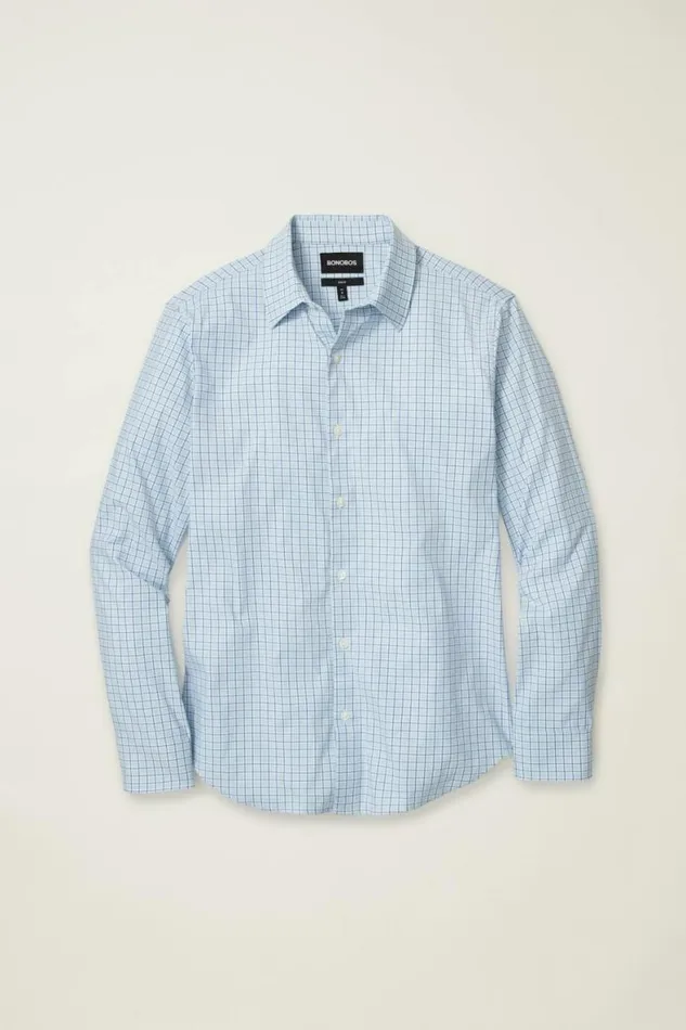 Men Tech Button Down Shirt Blue Smithtown Plaid Bonobos Business Casual Shirts