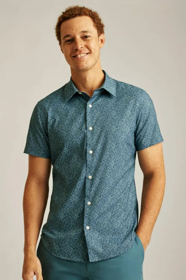 Men Tech Short Sleeve Shirt Blue Doodle Floral Bonobos Short Sleeve Shirts