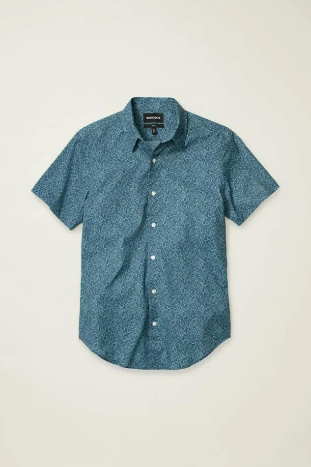 Men Tech Short Sleeve Shirt Blue Doodle Floral Bonobos Short Sleeve Shirts