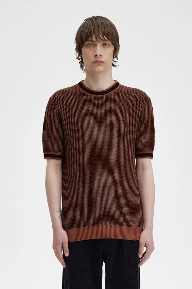 Men Textured Knitted TShirt Whisky Brown Fred Perry Knitwear