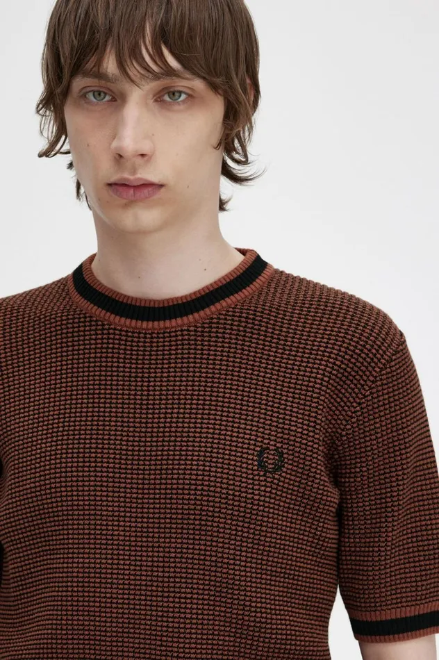 Men Textured Knitted TShirt Whisky Brown Fred Perry Knitwear