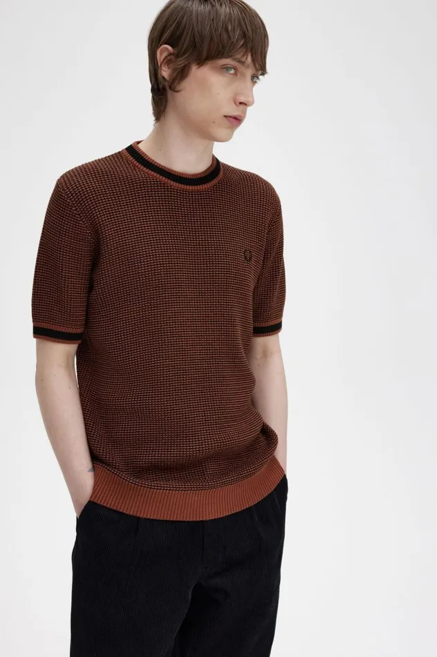 Men Textured Knitted TShirt Whisky Brown Fred Perry Knitwear