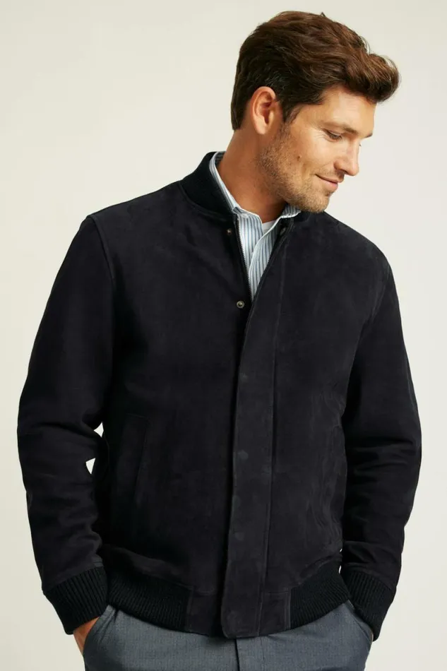 Men The Suede Bomber Jacket Navy Bonobos Jackets and Coats