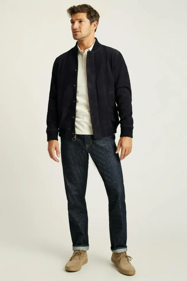 Men The Suede Bomber Jacket Navy Bonobos Jackets and Coats