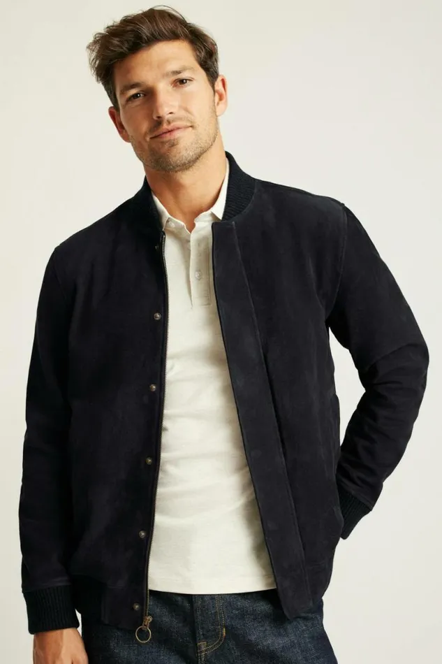 Men The Suede Bomber Jacket Navy Bonobos Jackets and Coats