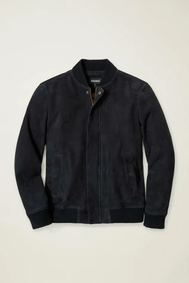 Men The Suede Bomber Jacket Navy Bonobos Jackets and Coats