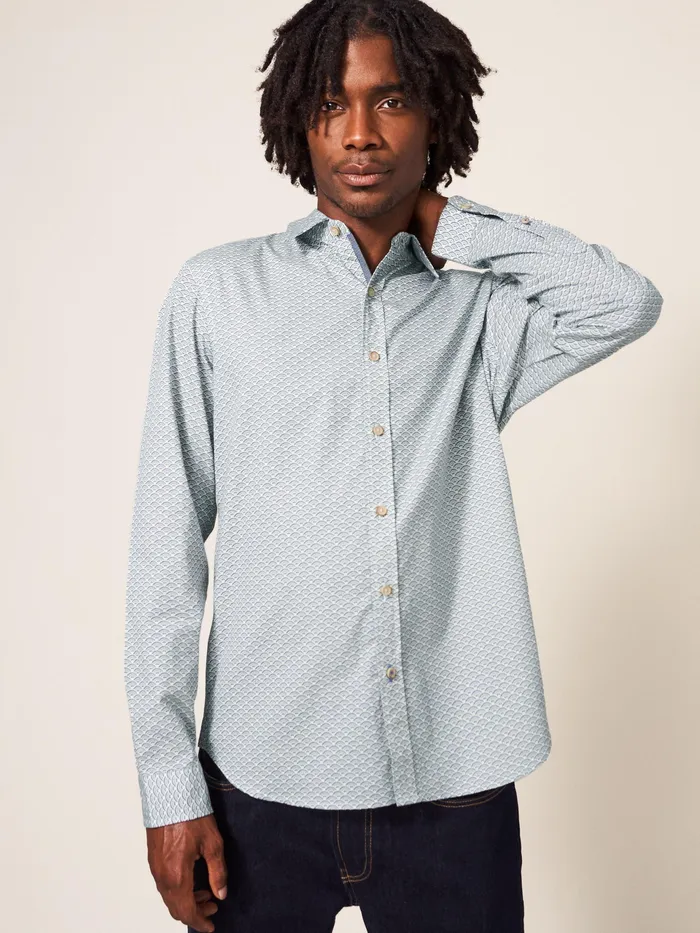 Men White Stuff Clothing Fan Geometric Printed Shirt