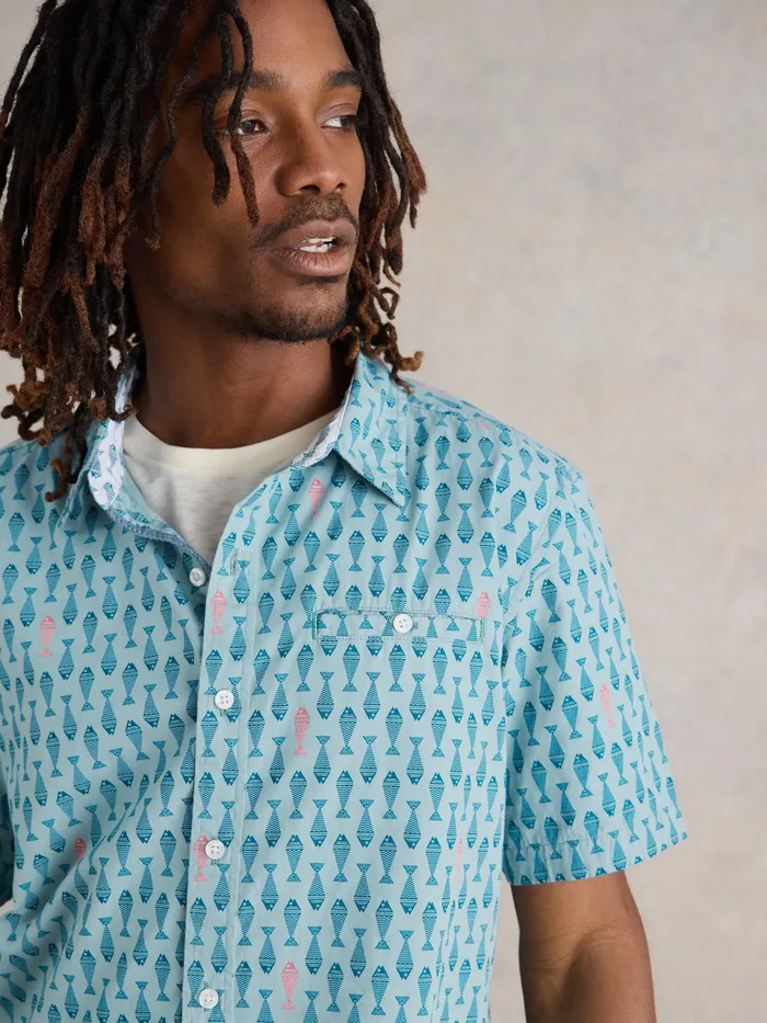 Men White Stuff Clothing Geo Fish Printed SS Shirt