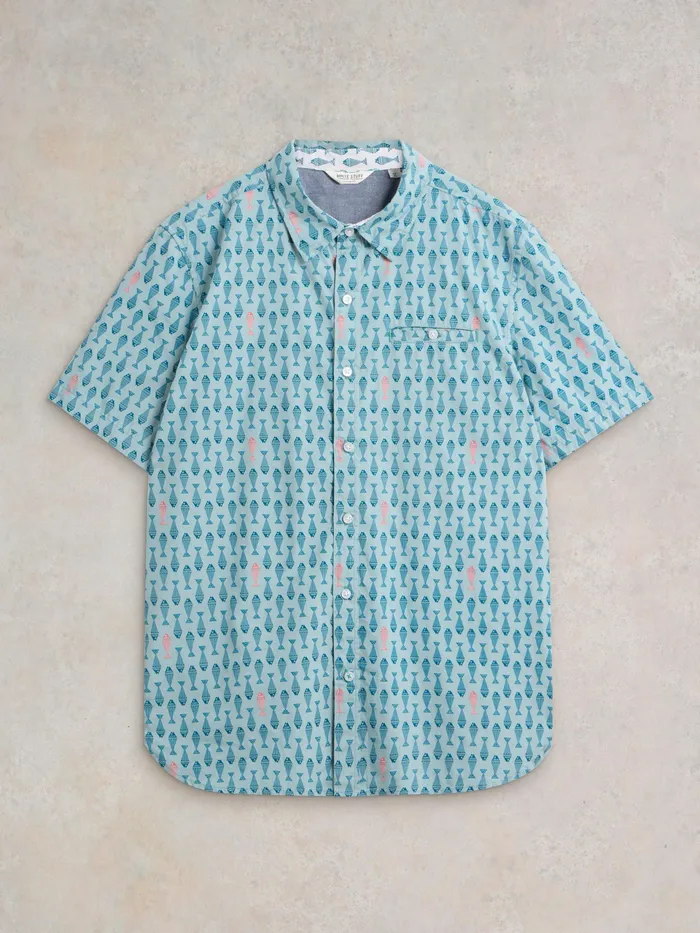 Men White Stuff Clothing Geo Fish Printed SS Shirt