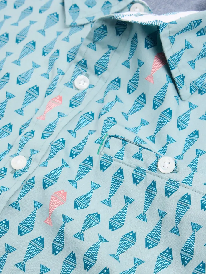 Men White Stuff Clothing Geo Fish Printed SS Shirt