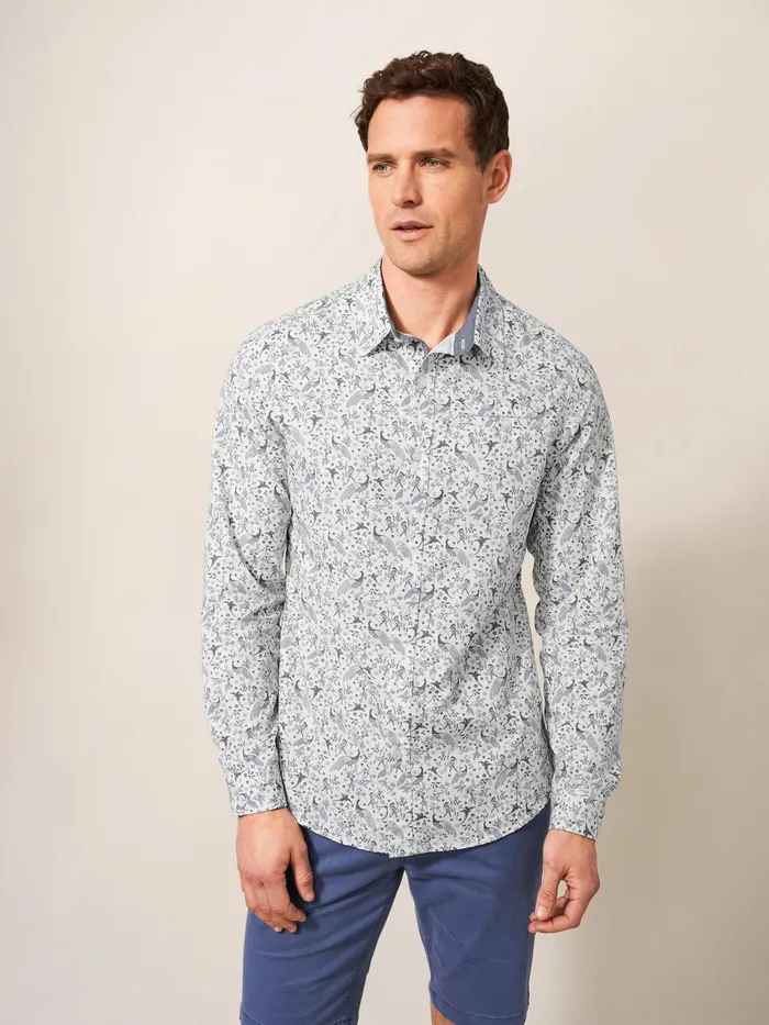Men White Stuff Clothing Peacock Printed Slim Fit Shirt
