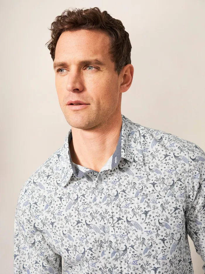 Men White Stuff Clothing Peacock Printed Slim Fit Shirt