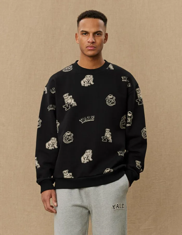 Men Yale AOP Logo Sweatshirt 8211 BlackIvory Les Deux HoodiesSweatshirts