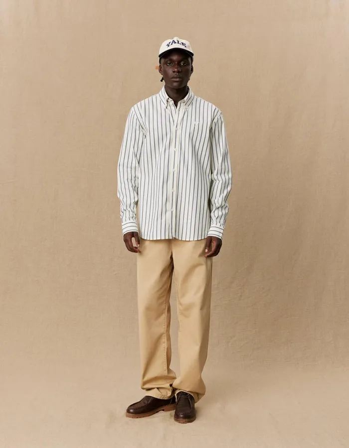 Men Yale Stripe Poplin Shirt 8211 Light IvoryDark Navy Les Deux ShirtsOvershirts