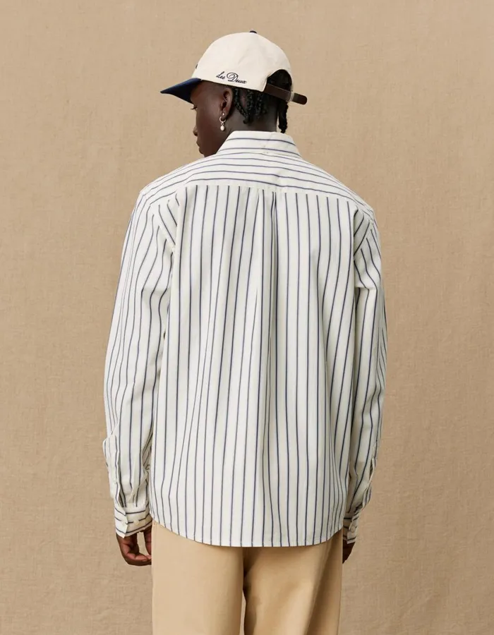 Men Yale Stripe Poplin Shirt 8211 Light IvoryDark Navy Les Deux ShirtsOvershirts
