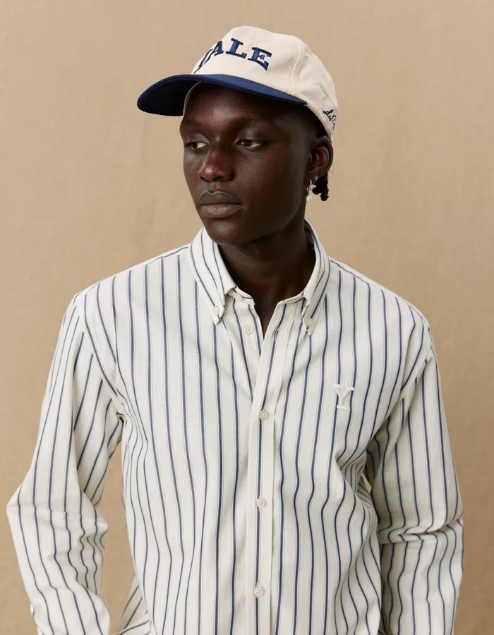 Men Yale Stripe Poplin Shirt 8211 Light IvoryDark Navy Les Deux ShirtsOvershirts
