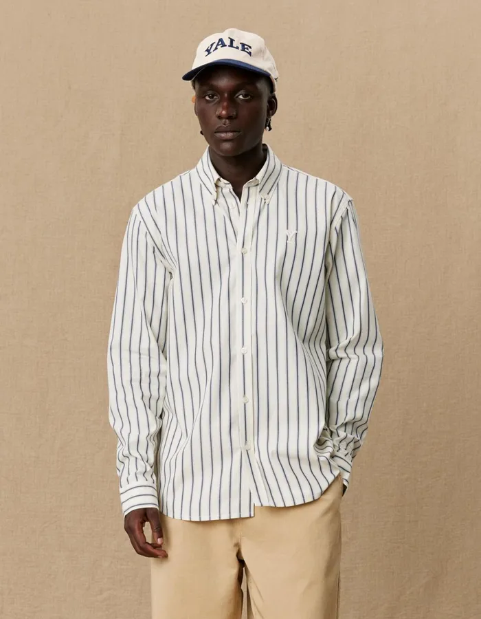 Men Yale Stripe Poplin Shirt 8211 Light IvoryDark Navy Les Deux ShirtsOvershirts