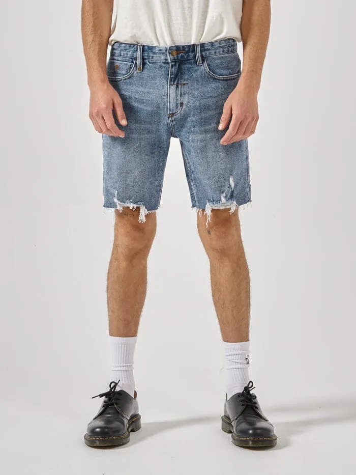 Mens Destroyed Bones Denim Short Weathered Blue Thrills Denim Shorts