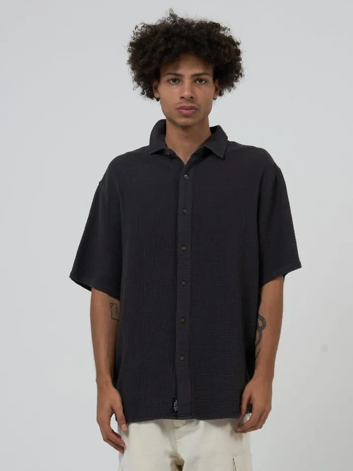 Mens Minimal Seersucker Short Sleeve Shirt Merch Black Thrills Shirts