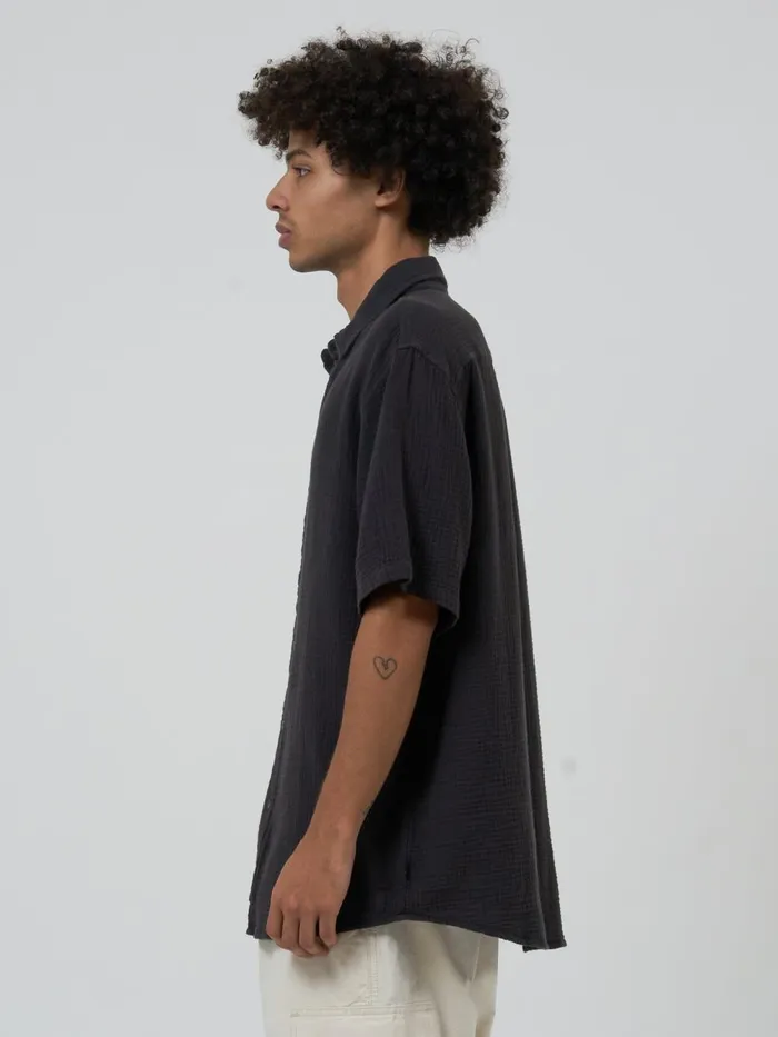Mens Minimal Seersucker Short Sleeve Shirt Merch Black Thrills Shirts