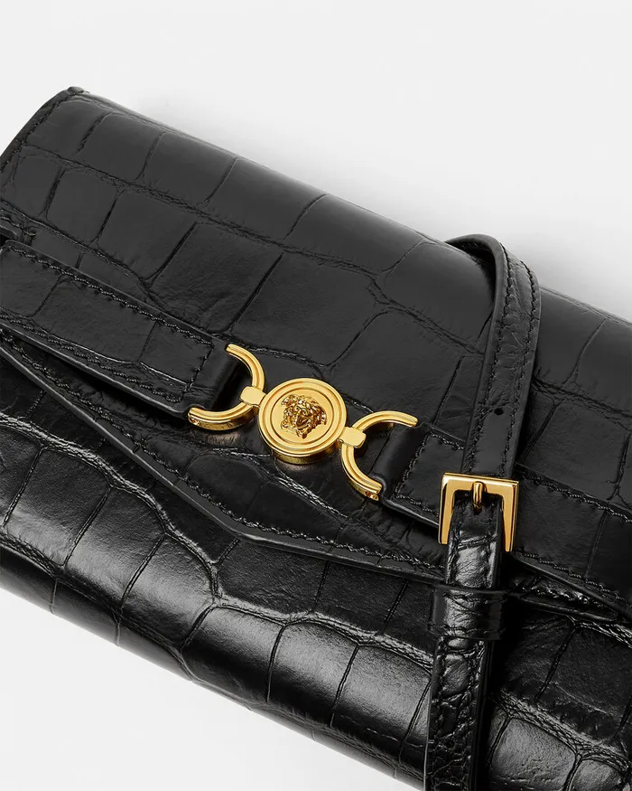 Mini Bags and Clutches Women Versace CrocEffect Medusa 03995 Crossbody Bag Blackgold