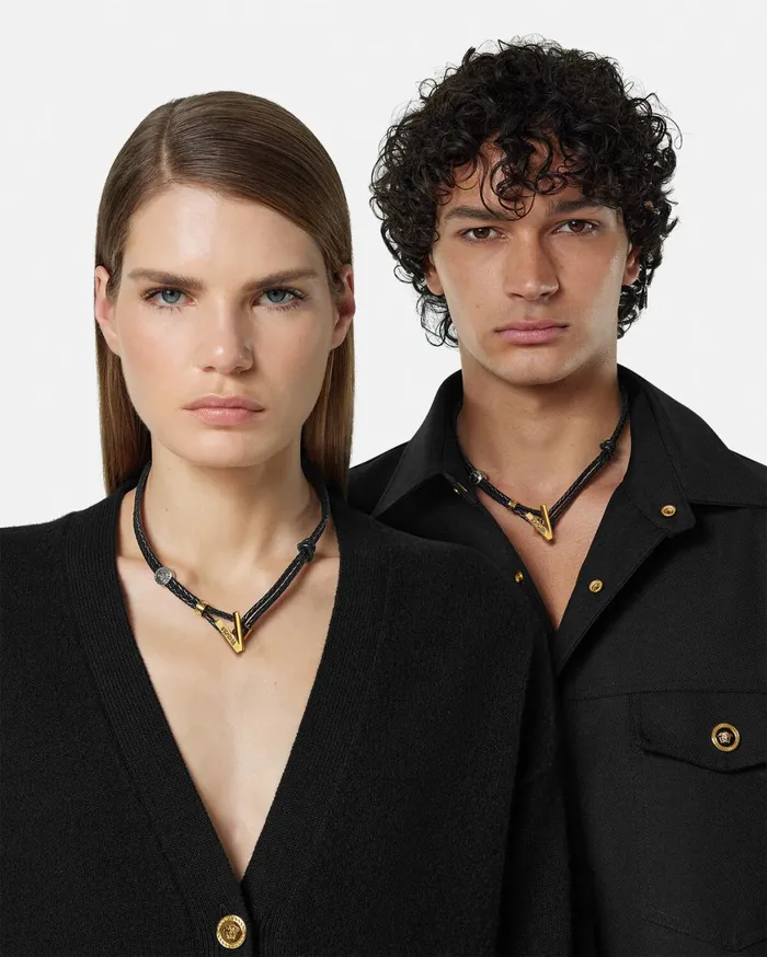 Necklaces WomenMen Versace V2025 Chain Leather Necklace Blackgold