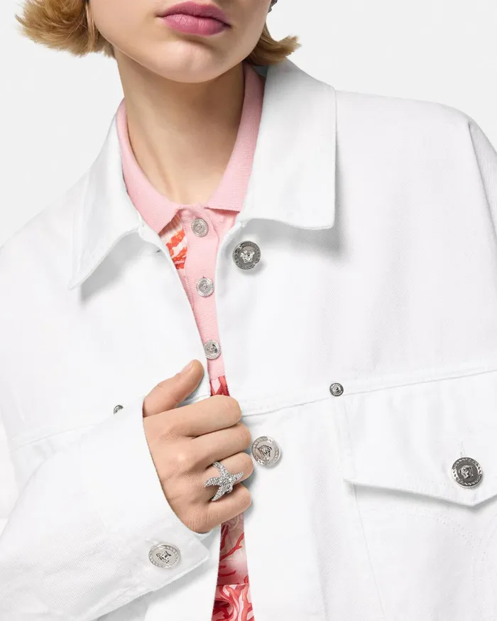 Outerwear and Coats Women Versace Barocco Sea Oversized Denim Jacket Whiteprint