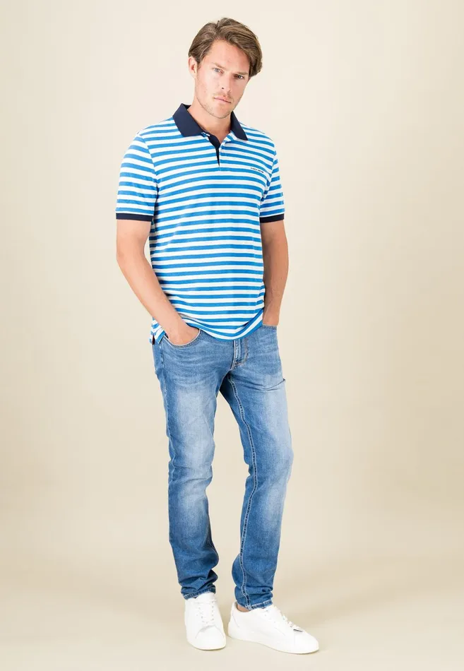 Polo Shirt Men FYNCHHATTON Striped Polo Shirt With Contrast Details Vibrant Bluerustnavylight Khaki