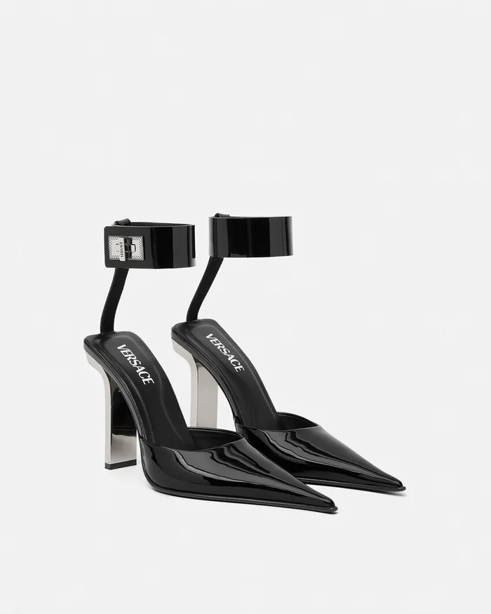 Pumps and Slingbacks Women Versace Slice Patent Slingback Pumps 105 Mm Blacksilver