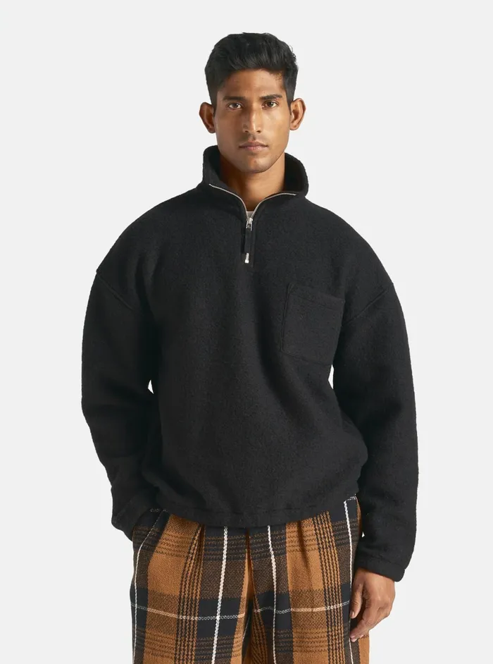 Ramsay Quarter Zip In Black Wool Fleece Men Universal Works Fleece
