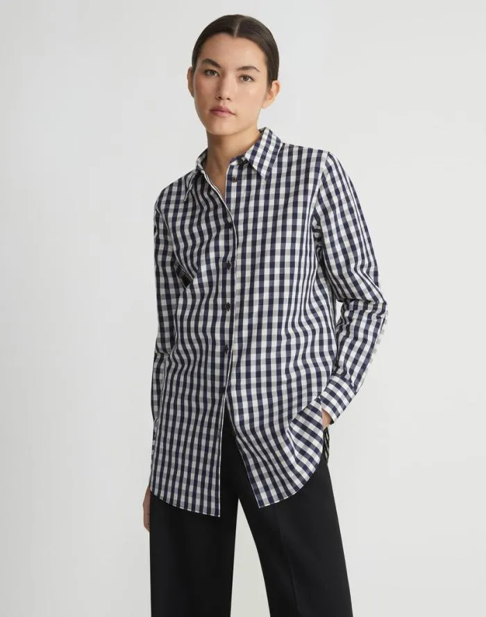 Ready To Wear Gingham Crinkle CottonLinen Oversized Shirt Midnight Blue Multi Lafayette 148 New York Blouses and Shirts