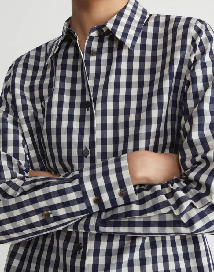 Ready To Wear Gingham Crinkle CottonLinen Oversized Shirt Midnight Blue Multi Lafayette 148 New York Blouses and Shirts