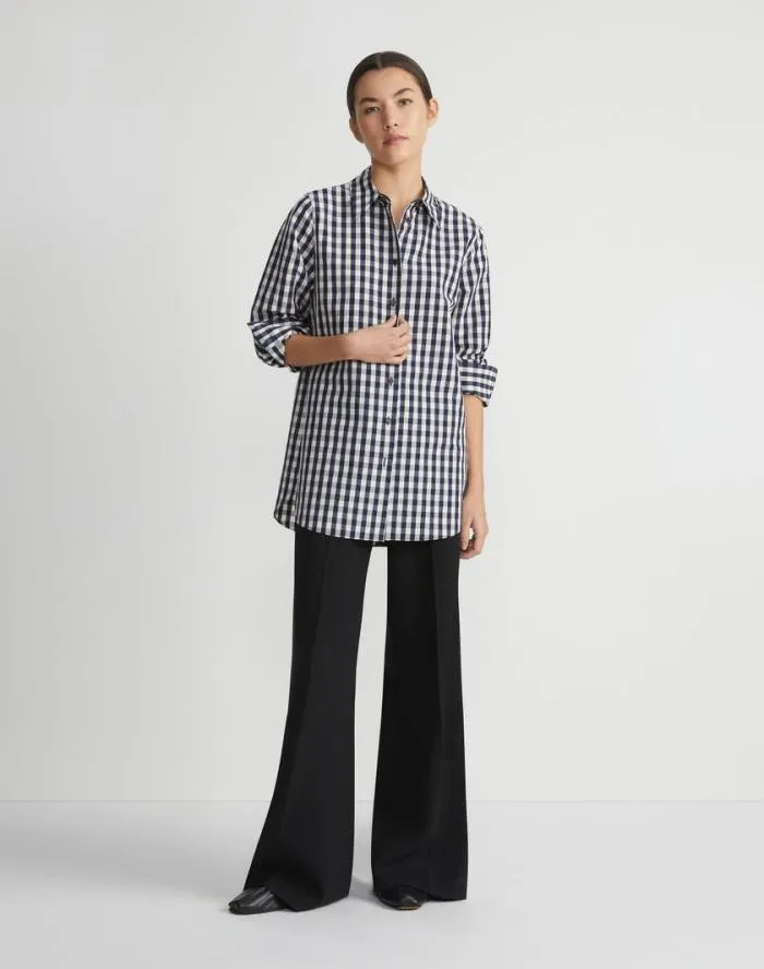 Ready To Wear Gingham Crinkle CottonLinen Oversized Shirt Midnight Blue Multi Lafayette 148 New York Blouses and Shirts