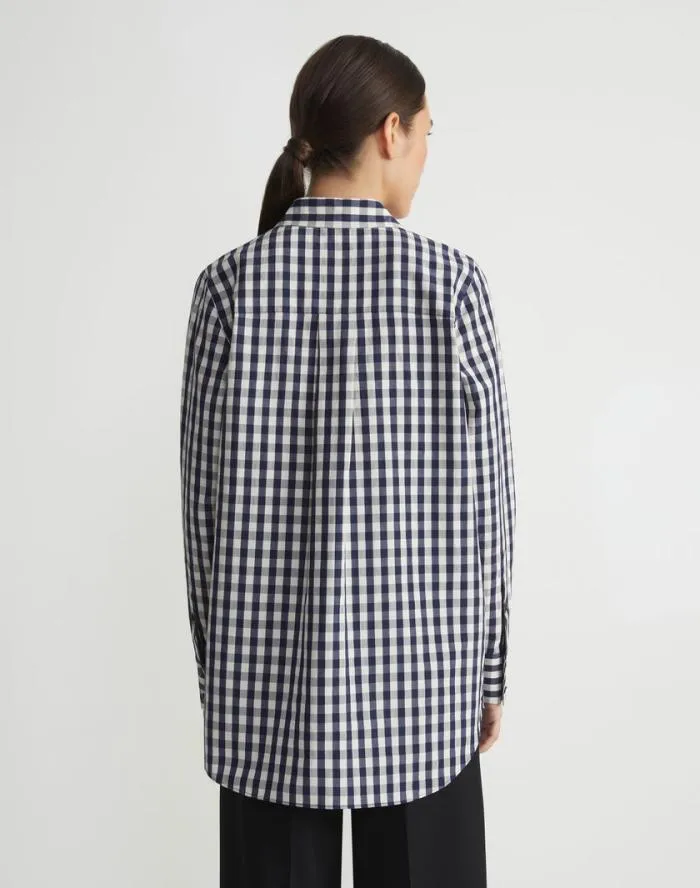Ready To Wear Gingham Crinkle CottonLinen Oversized Shirt Midnight Blue Multi Lafayette 148 New York Blouses and Shirts