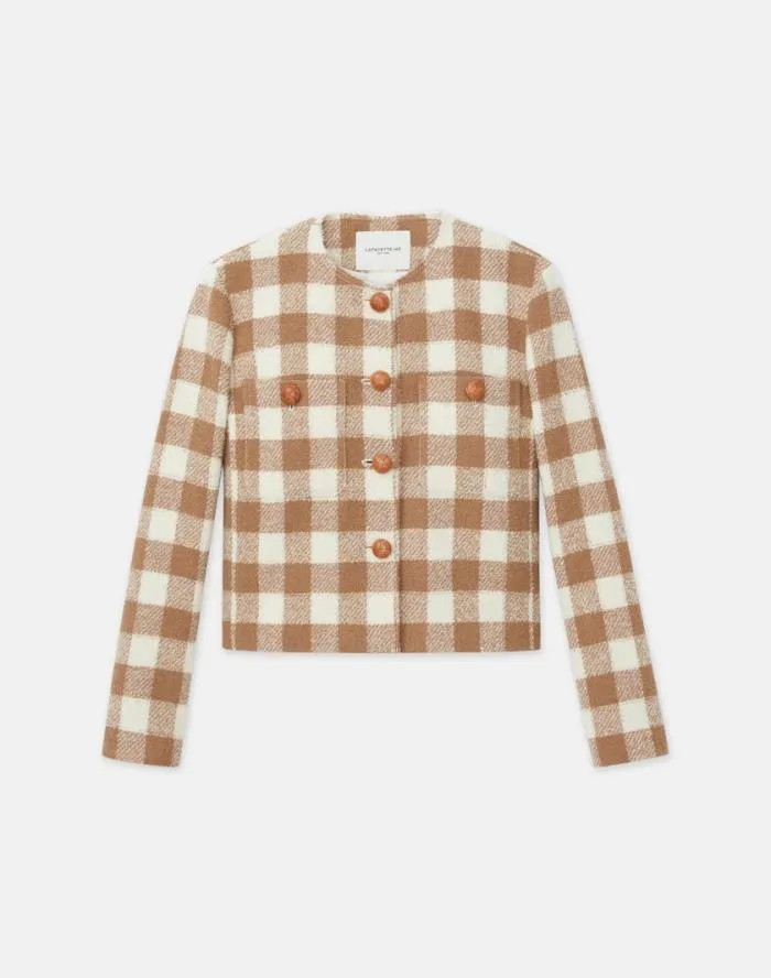Ready To Wear Gingham Wool Collarless Buttoned Jacket Camel Multi Lafayette 148 New York Jackets and Blazers Ready To Wear Gingham Wool Collarless Buttoned Jacket Camel Multi Lafayette 148 New York Jackets and Blazers