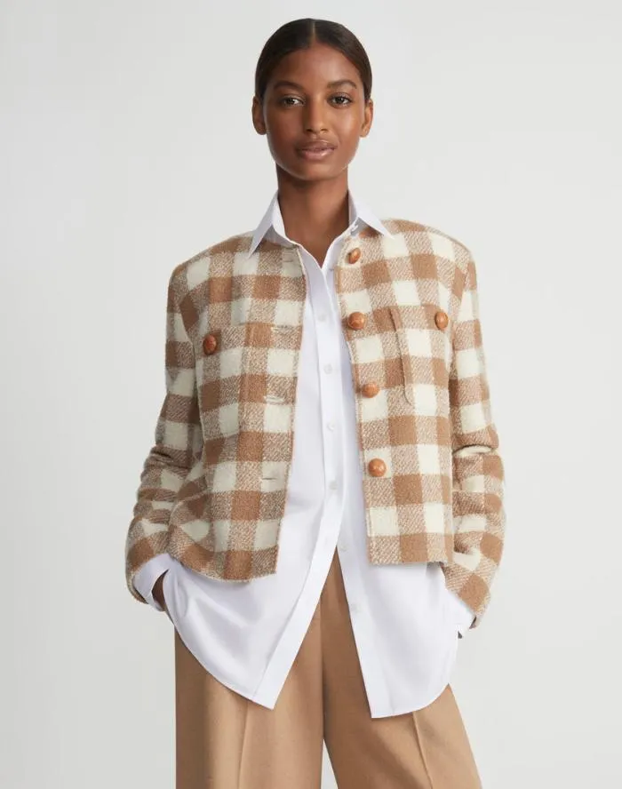 Ready To Wear Gingham Wool Collarless Buttoned Jacket Camel Multi Lafayette 148 New York Jackets and Blazers
