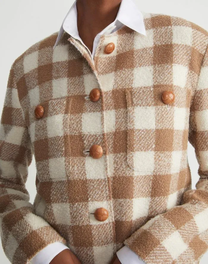 Ready To Wear Gingham Wool Collarless Buttoned Jacket Camel Multi Lafayette 148 New York Jackets and Blazers